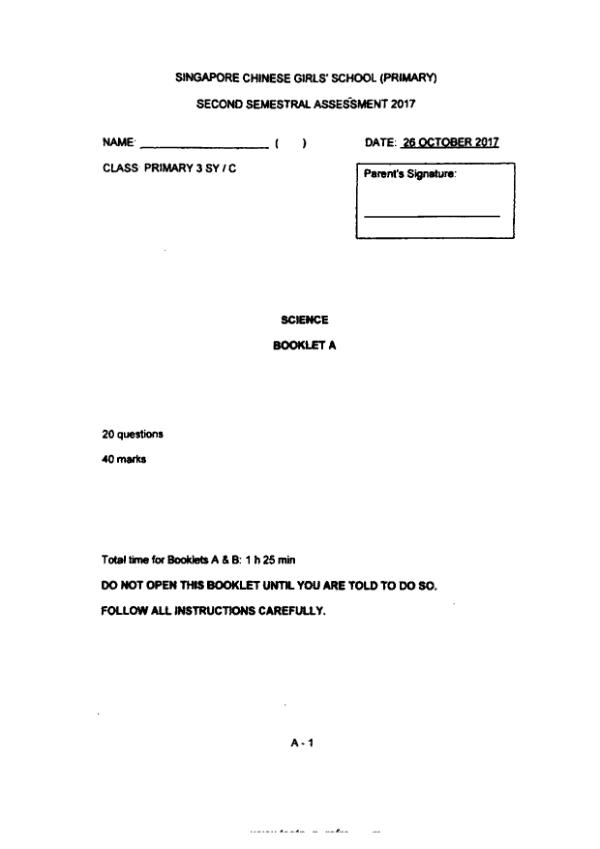 Singapore Chinese Girls P3 Sci SA2 2017 exam paper PDF preview