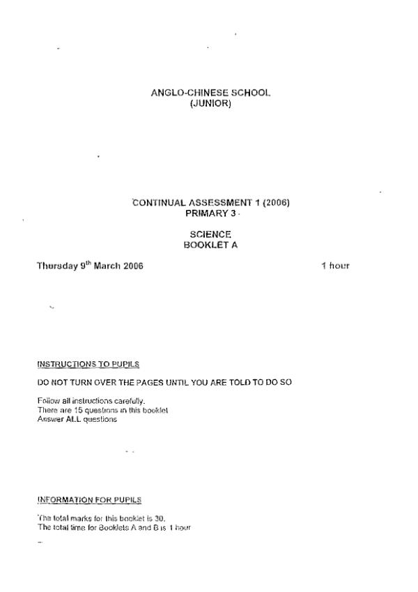 Anglo Chinese P3 Sci WA1 2006 exam paper PDF first page preview
