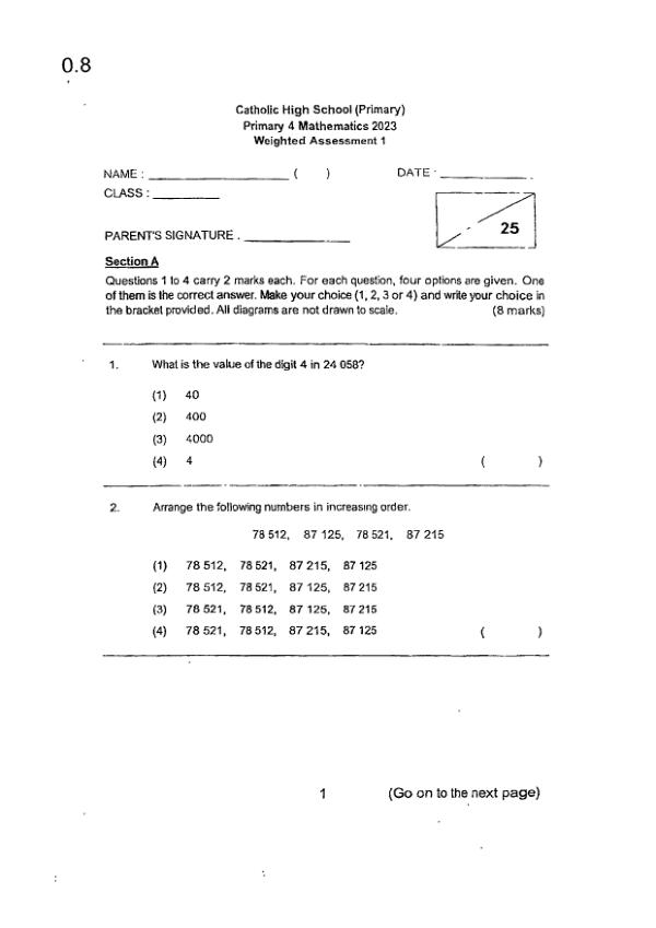 First page preview of P4 Math 2023 WA2 — Catholic High