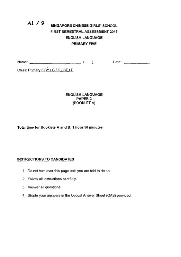 Singapore Chinese Girls P5 Eng WA2 2015 exam paper PDF first page preview