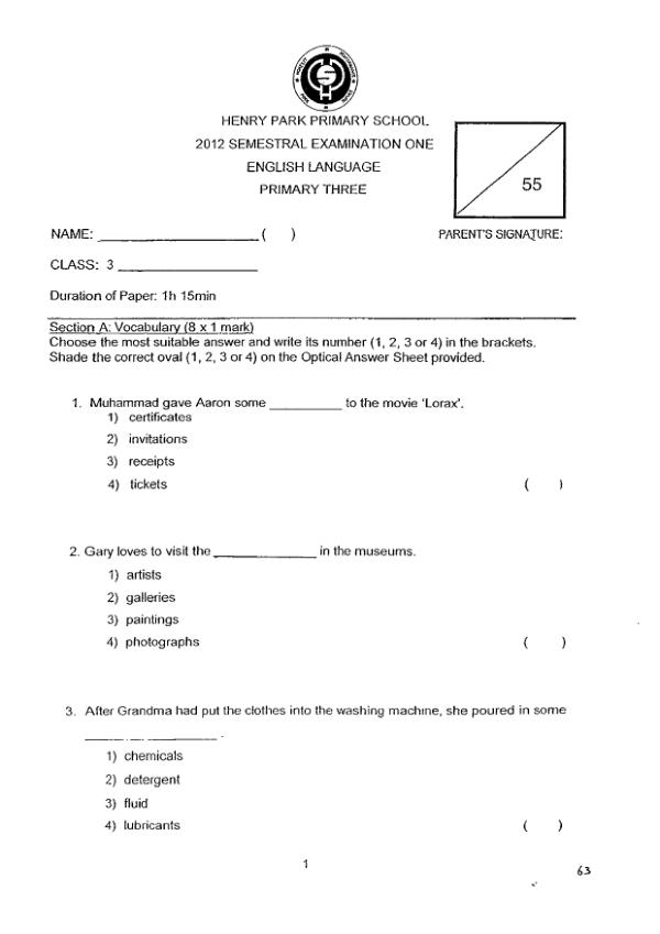 Henry Park P3 Eng WA2 2012 exam paper PDF preview