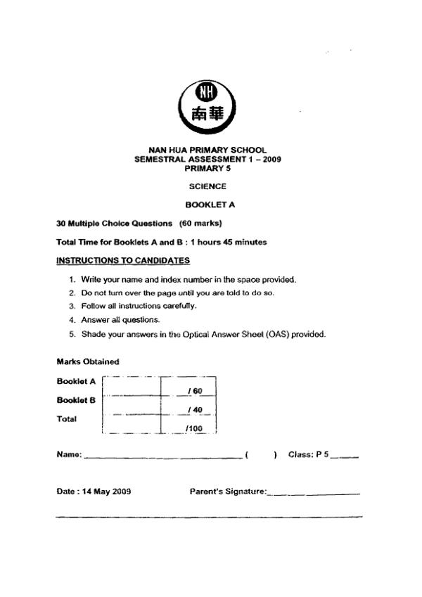 Nan Hua P5 Sci WA2 2009 exam paper PDF preview