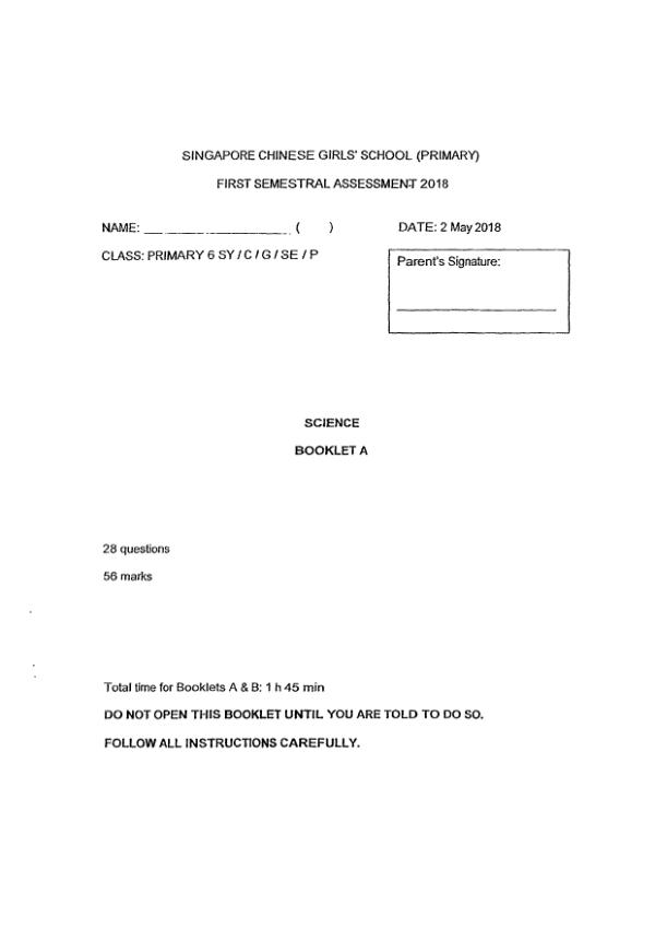Singapore Chinese Girls P6 Sci WA2 2018 exam paper PDF preview