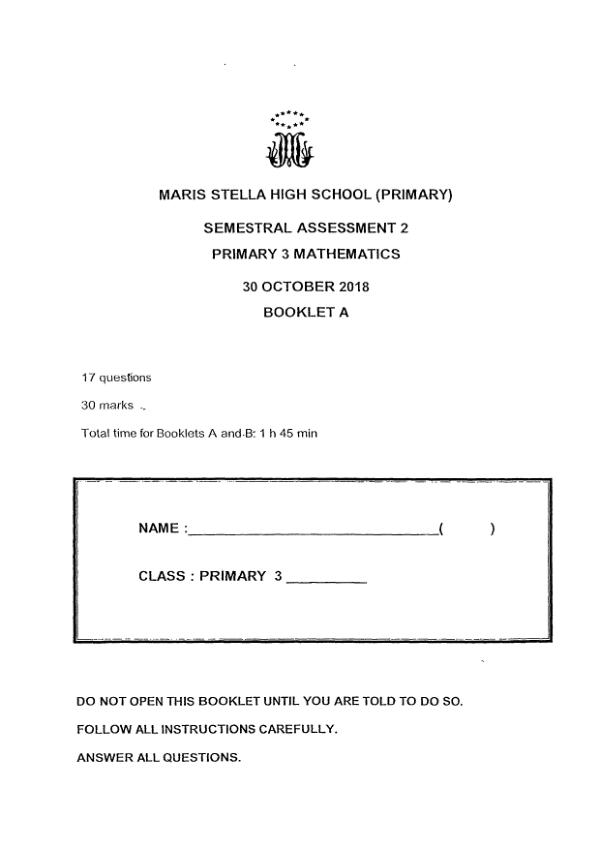 First page preview of P3 Math 2018 SA2 — Maris Stella High