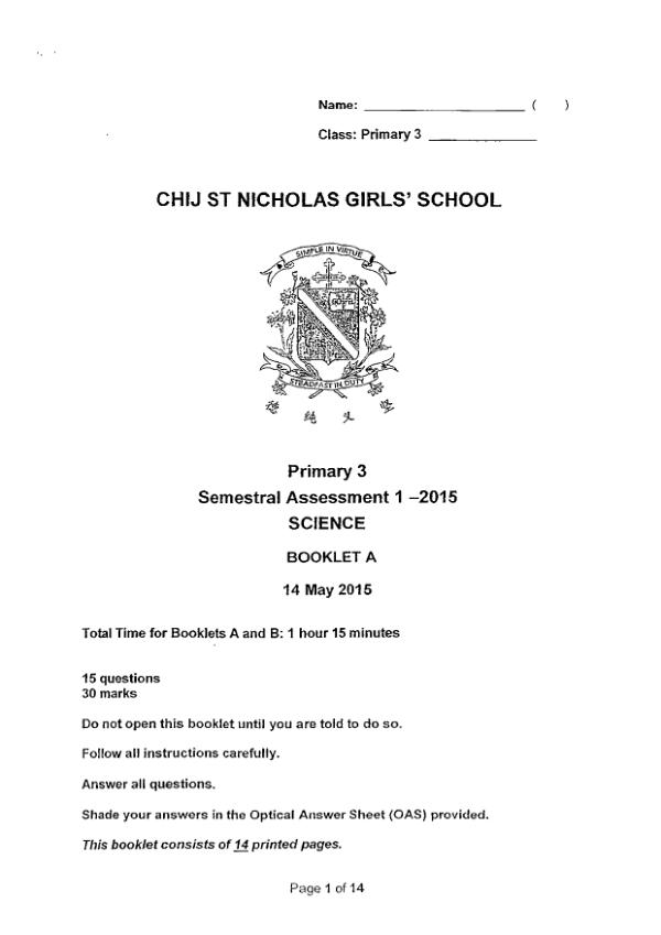 CHIJ P3 Sci WA2 2015 exam paper PDF first page preview