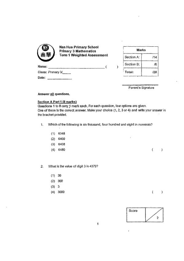 First page preview of P3 Math 2024 WA1 — Nan Hua
