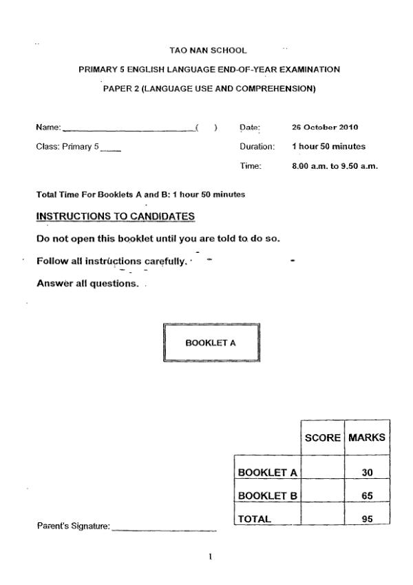 Tao Nan P5 Eng SA2 2010 exam paper PDF preview