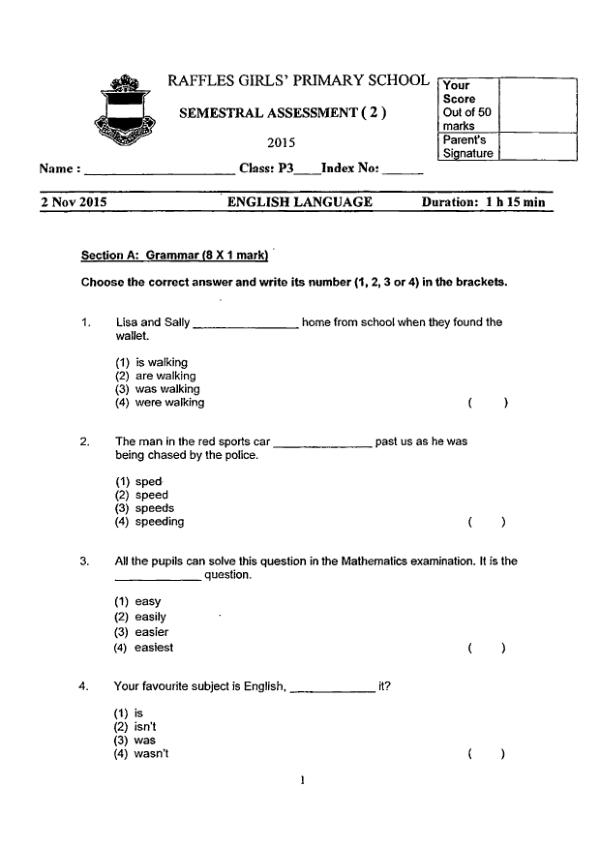 Raffles Girls P3 Eng SA2 2015 exam paper PDF first page preview