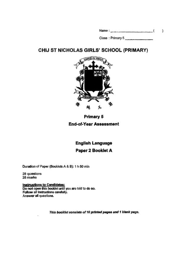 CHIJ P5 Eng SA2 2023 exam paper PDF first page preview