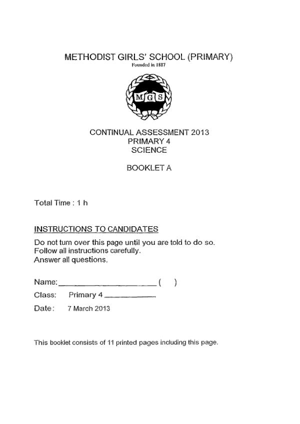 Methodist Girls P4 Sci WA1 2013 exam paper PDF preview