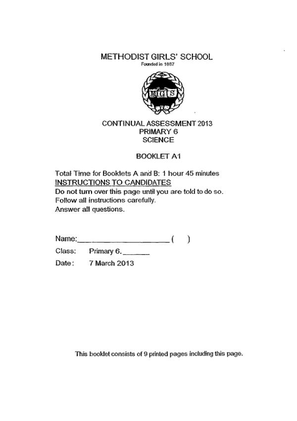 Methodist Girls P6 Sci WA1 2013 exam paper PDF preview