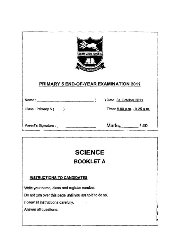 Tao Nan P5 Sci SA2 2011 exam paper PDF preview