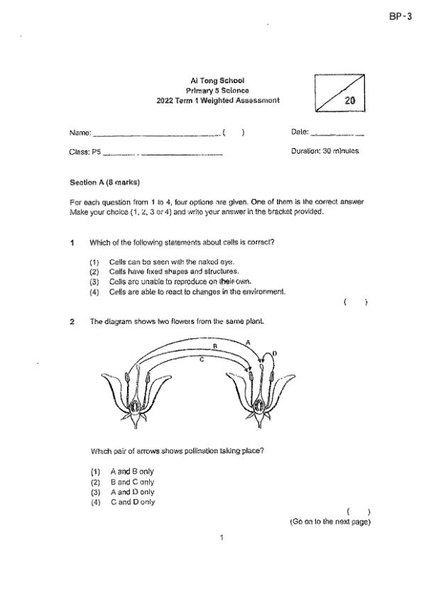 Ai Tong P5 Sci WA1 2022 exam paper PDF first page preview
