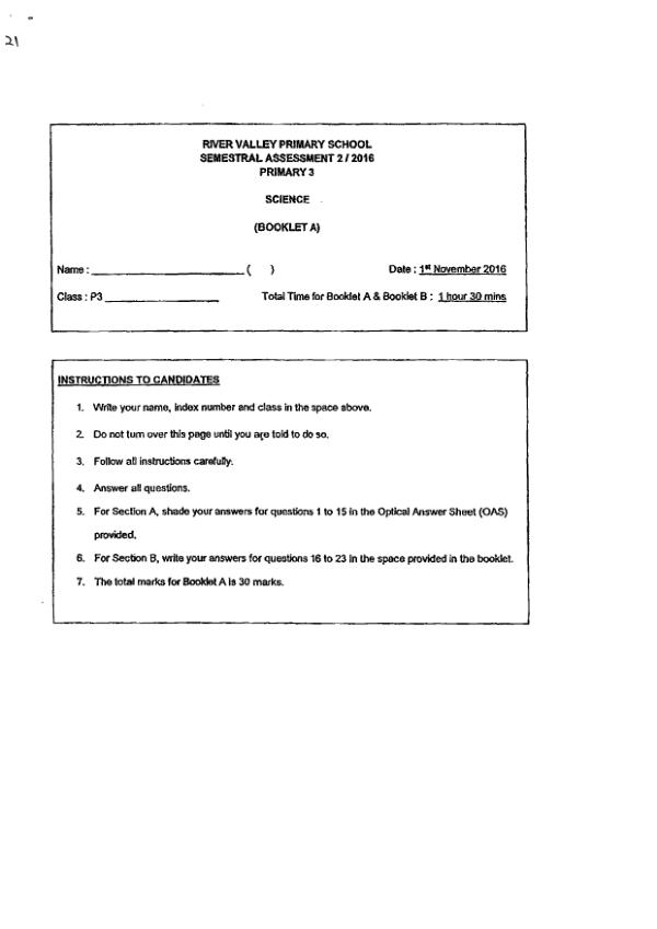 River Valley P3 Sci SA2 2016 exam paper PDF first page preview