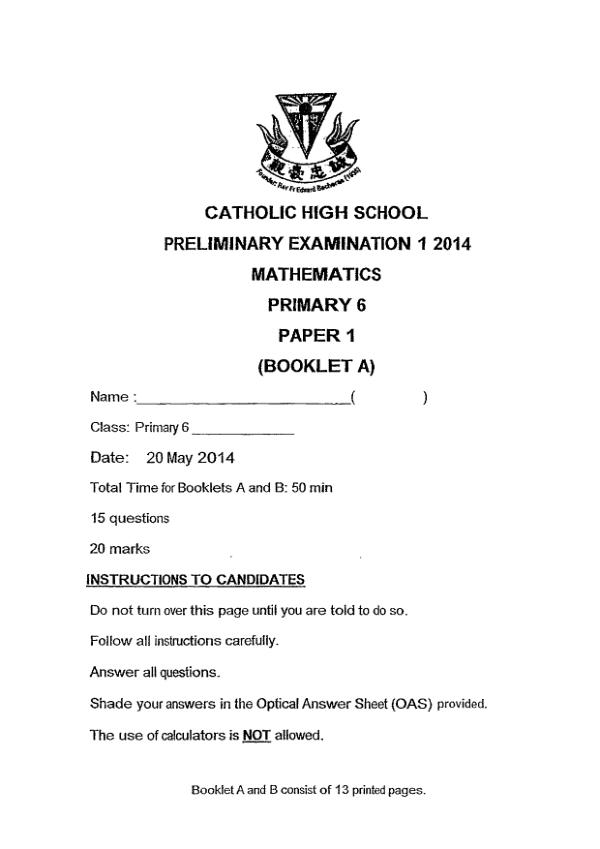 Catholic High P6 Math WA2 2014 exam paper PDF preview