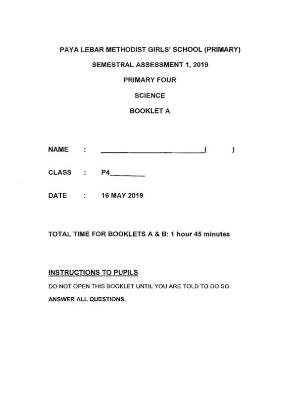 Methodist Girls P4 Sci WA2 2019 exam paper PDF first page preview