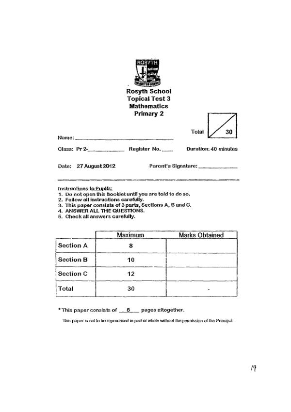 Rosyth P2 Math WA3 2012 exam paper PDF first page preview