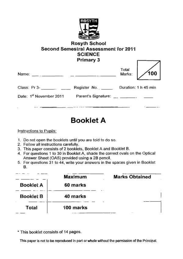 Rosyth P3 Sci SA2 2011 exam paper PDF preview