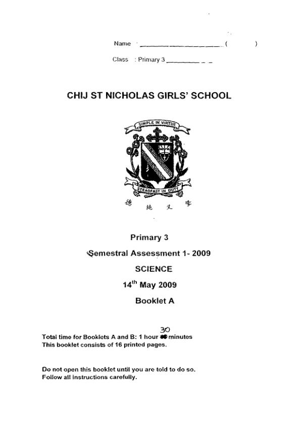 CHIJ P3 Sci WA2 2009 exam paper PDF preview
