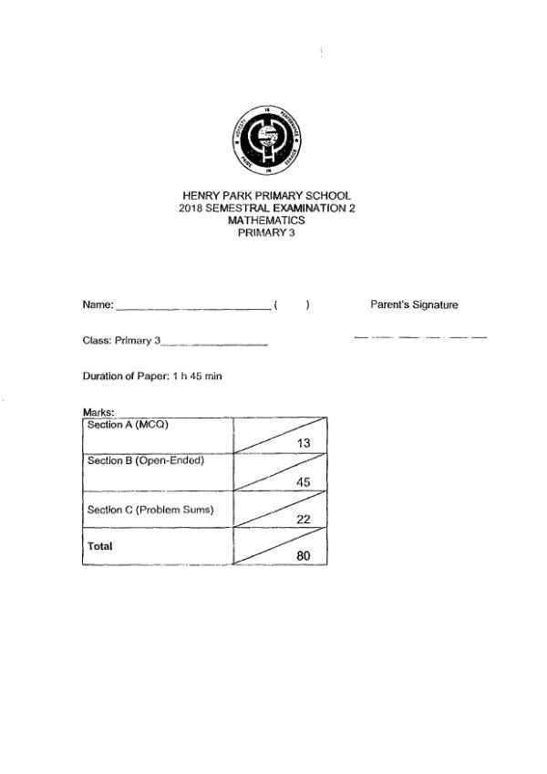 First page preview of P3 Math 2018 SA2 — Henry Park