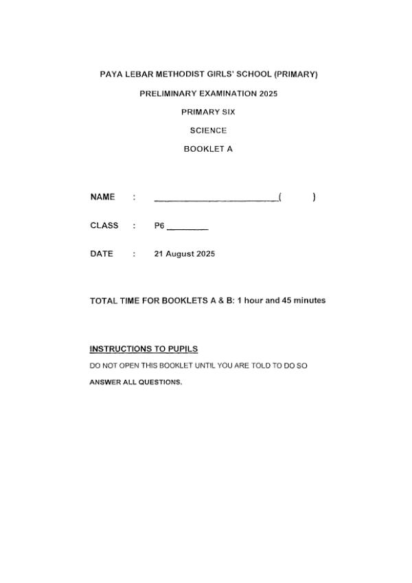 Methodist Girls P6 Sci SA2 2025 exam paper PDF preview