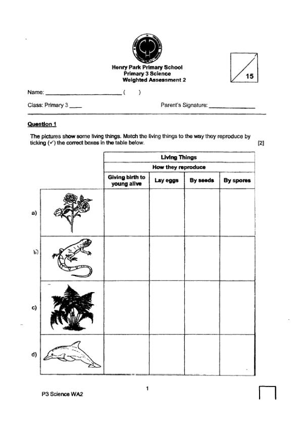 Henry Park P3 Sci WA3 2022 exam paper PDF first page preview