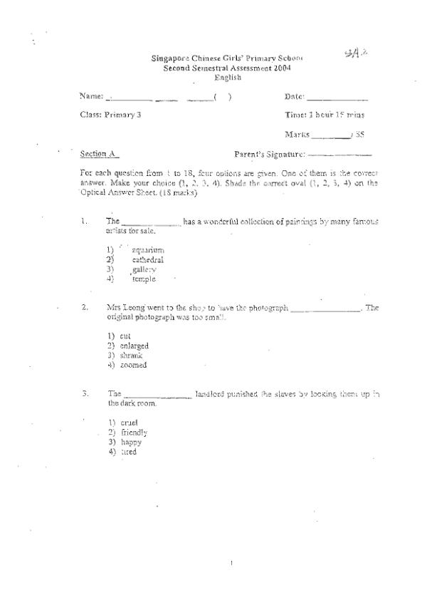 Singapore Chinese Girls P3 Eng SA2 2004 exam paper PDF first page preview