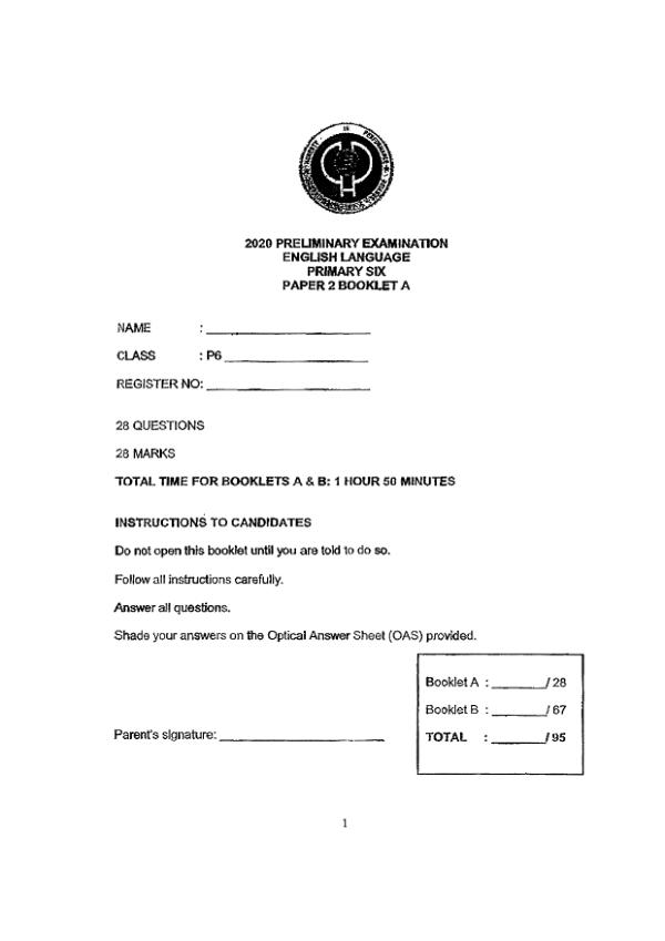 Henry Park P6 Eng SA2 2020 exam paper PDF preview