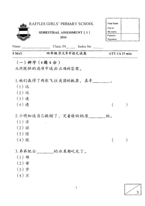 Raffles Girls P4 Chi WA2 2014 exam paper PDF first page preview