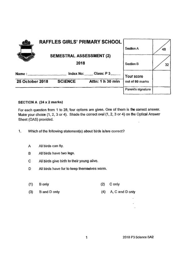 Raffles Girls P3 Sci SA2 2018 exam paper PDF preview