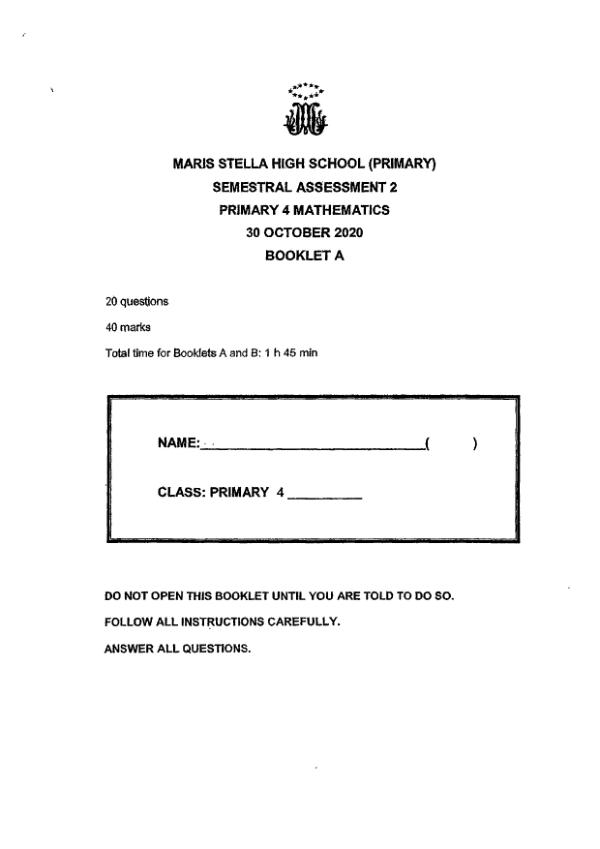 First page preview of P4 Math 2020 SA2 — Maris Stella High