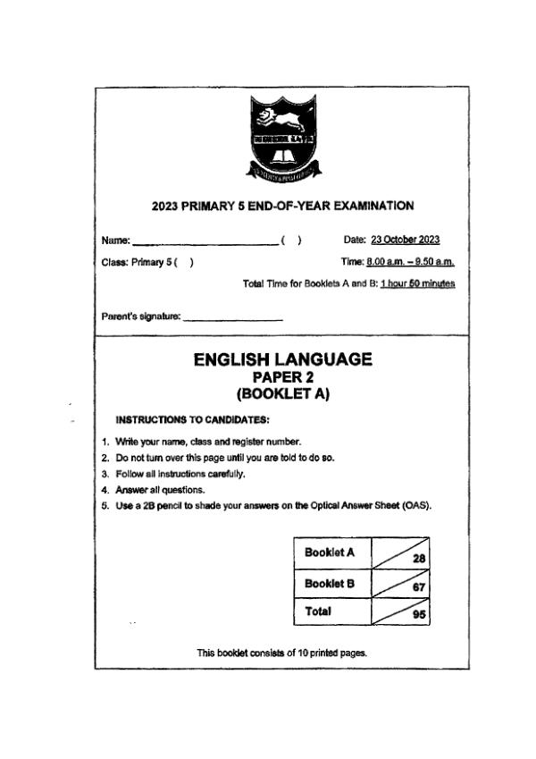 Tao Nan P5 Eng SA2 2023 exam paper PDF preview