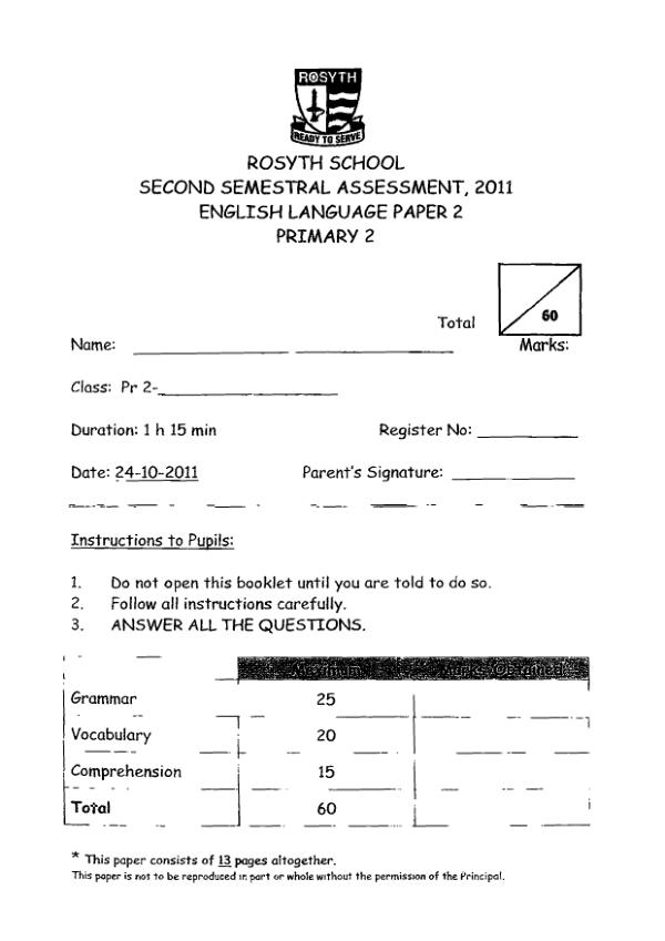 Rosyth P2 Eng SA2 2011 exam paper PDF preview