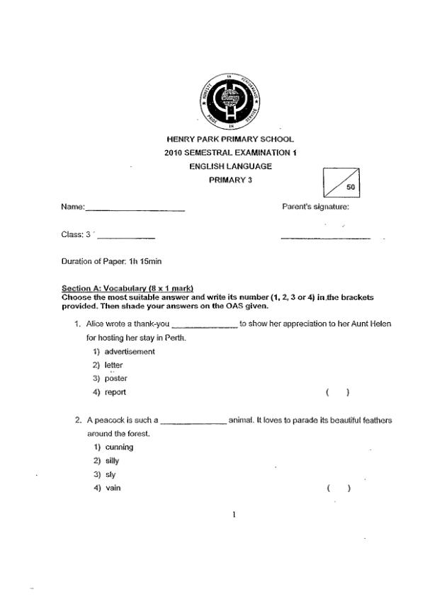 Henry Park P3 Eng WA2 2010 exam paper PDF first page preview