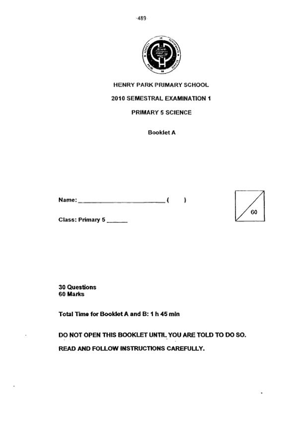 Henry Park P5 Sci WA2 2010 exam paper PDF preview