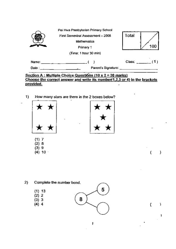Pei Hwa P1 Math WA2 2008 exam paper PDF first page preview