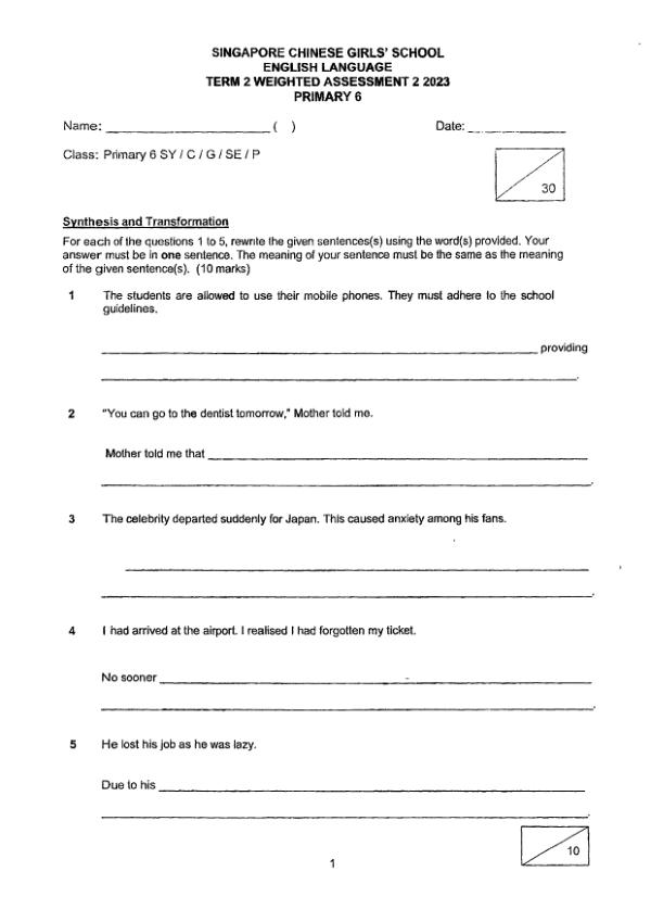 First page preview of P6 Eng 2023 WA2 — Singapore Chinese Girls