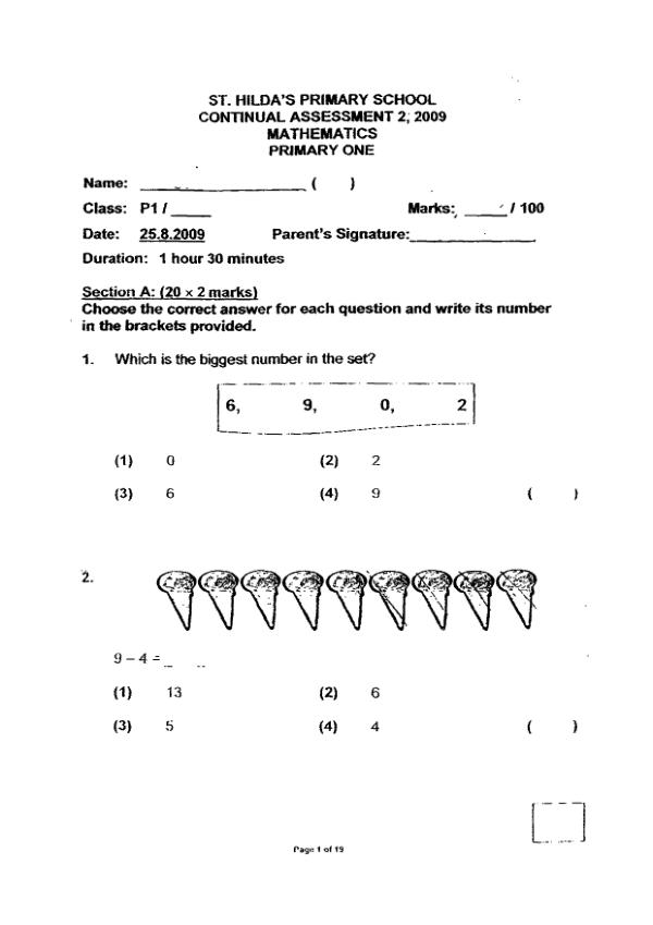 St Hildas P1 Math WA3 2009 exam paper PDF first page preview
