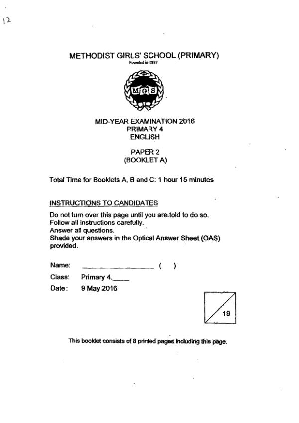 Methodist Girls P4 Eng WA2 2016 exam paper PDF first page preview