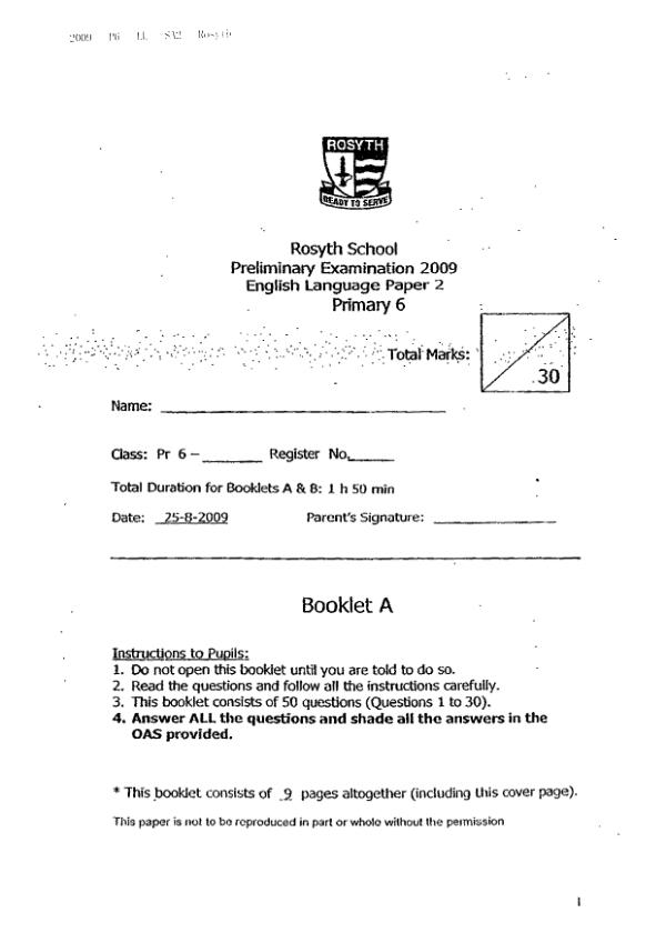 Rosyth P6 Eng SA2 2009 exam paper PDF preview