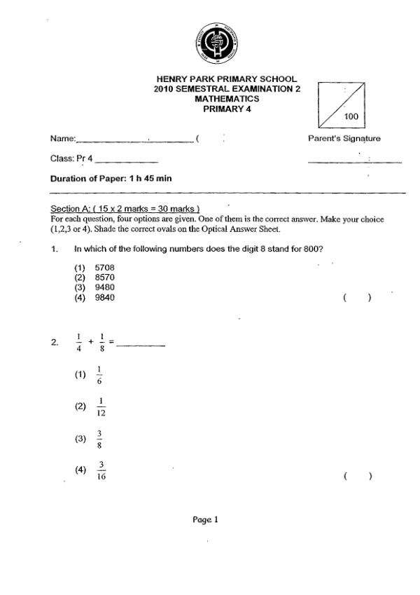 Henry Park P4 Math SA2 2010 exam paper PDF preview