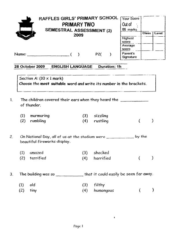 Raffles Girls P2 Eng SA2 2009 exam paper PDF first page preview