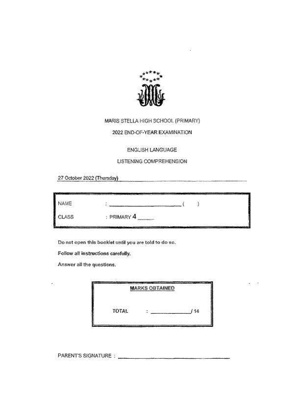 Maris Stella High P4 Eng SA2 2022 exam paper PDF first page preview