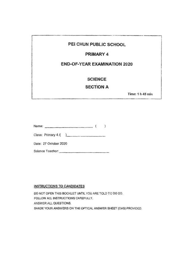 Pei Chun P4 Sci SA2 2020 exam paper PDF preview