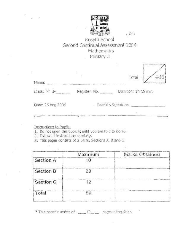 Rosyth P3 Math WA3 2004 exam paper PDF first page preview
