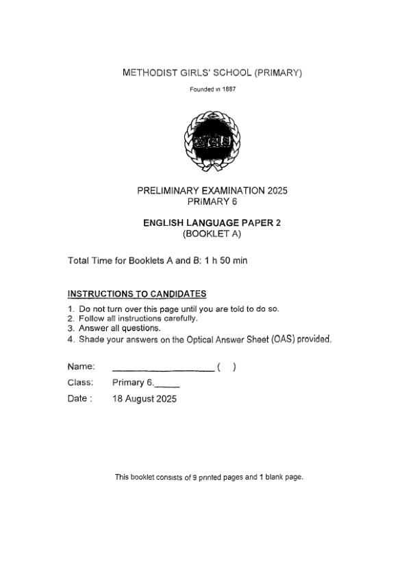 Methodist Girls P6 Eng SA2 2025 exam paper PDF first page preview