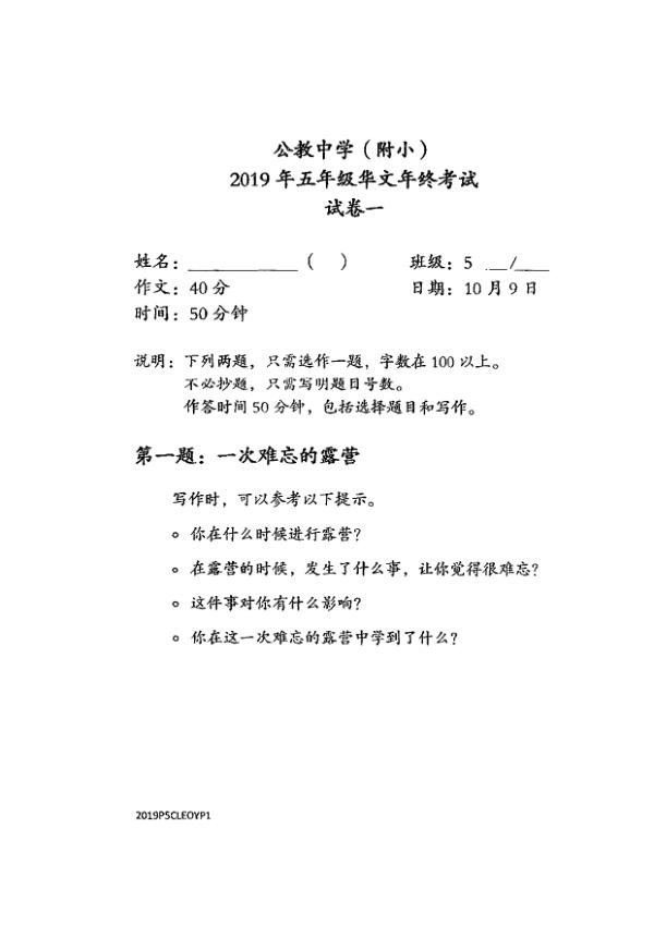 Catholic High P5 Chi SA2 2019 exam paper PDF first page preview
