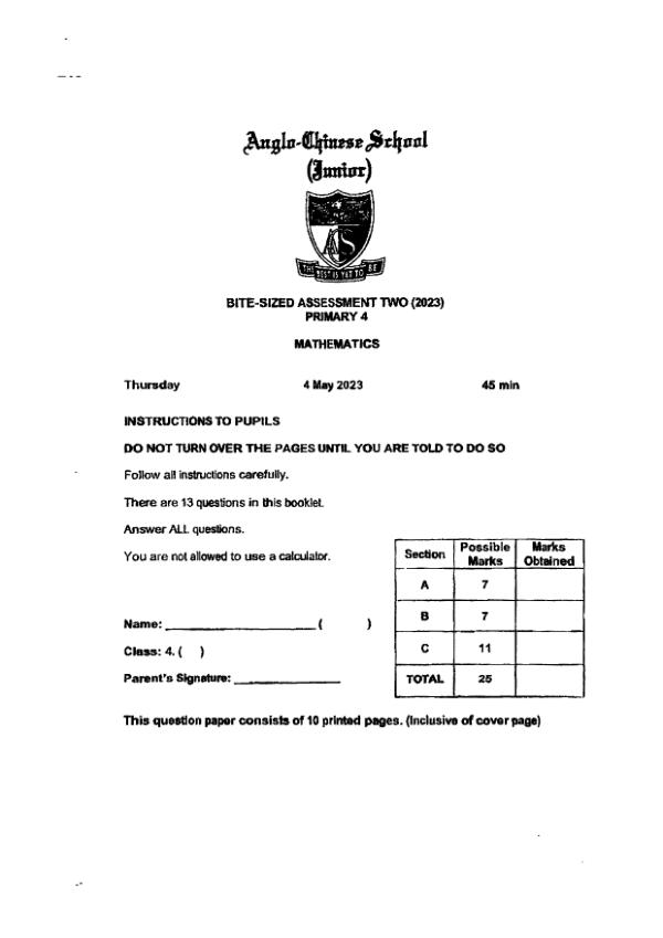 First page preview of P4 Math 2023 WA3 — Anglo Chinese