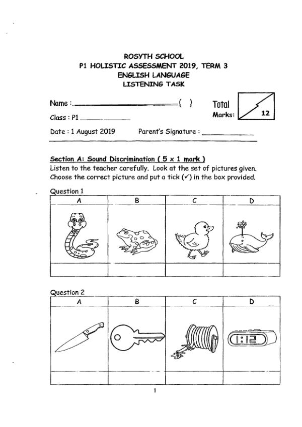Rosyth P1 Eng SA2 2019 exam paper PDF first page preview