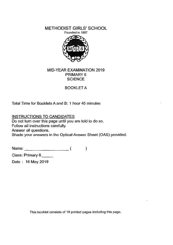 Methodist Girls P6 Sci WA2 2019 exam paper PDF first page preview